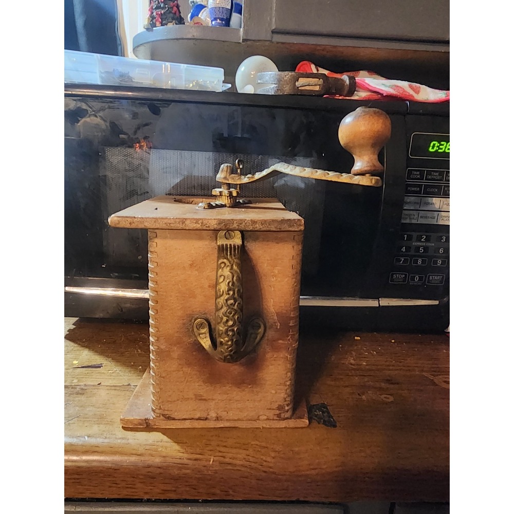 Antique 1890's Wood & Metal Coffee Grinder‎ Dovetail Hand Crank Mill